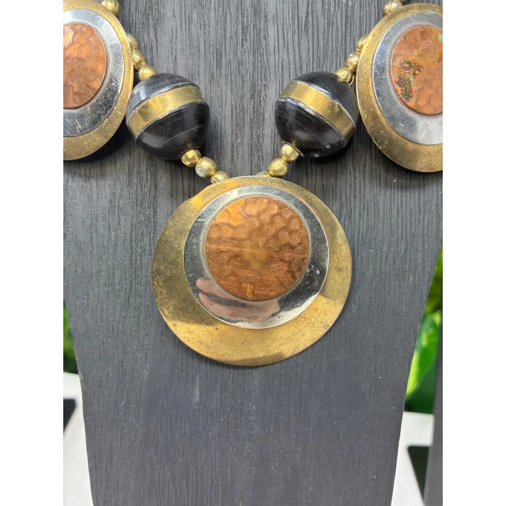 Vintage Brutalist Statement Necklace Brass Copper Modernist